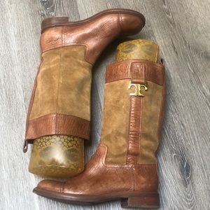 Tory Burch Corey Boots Leather Suede Pull On Mid Calf Distressed